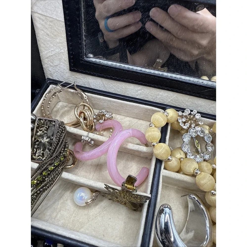 Vintage Jewelry Box Lot: Box, Necklaces, Bracelets, Rings, Earrings